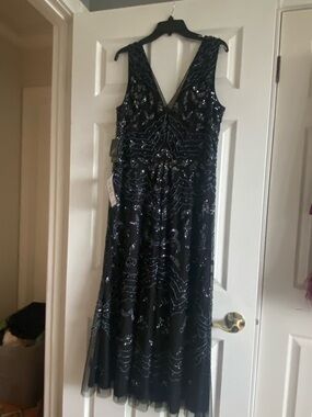 Adrianna Papell Black Beaded V-Neck Evening Dress